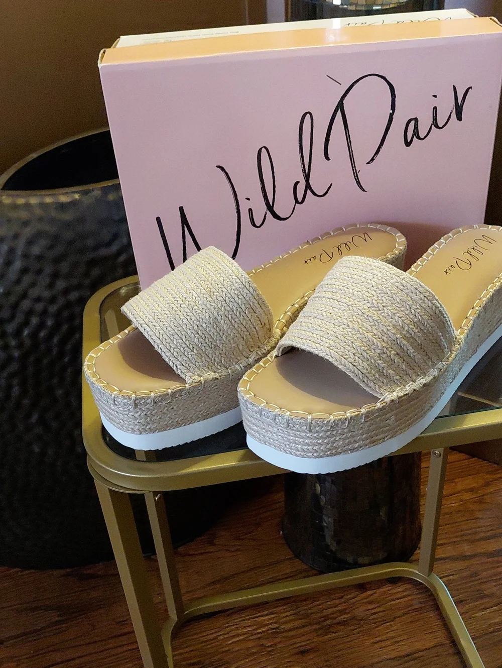 Wild Pair Beige Woven Platform Slide Sandals